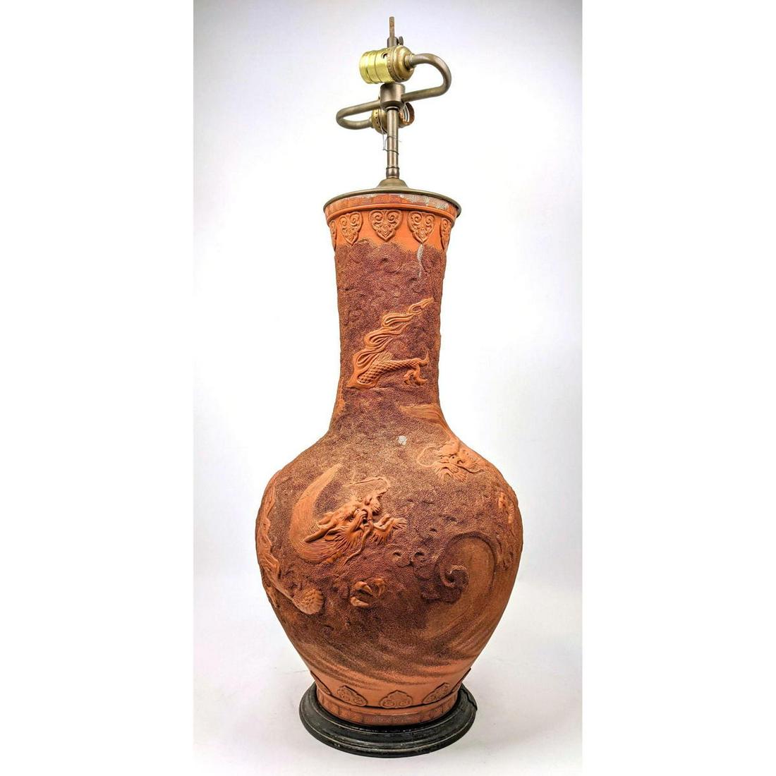 Carved Pottery Asian Table Lamp. Dragon Design. (1 of 13)