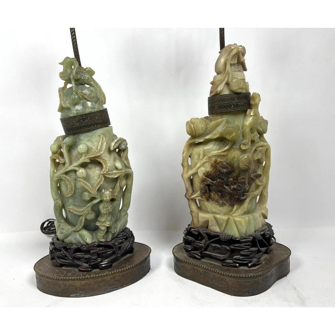 Pair of Carved Stone Lamps. Chinese Jadeite. (1 of 12)