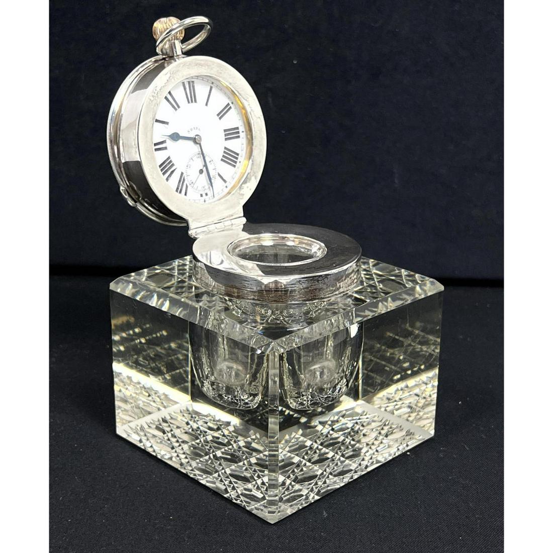 Antique English Sterling Pocket watch Crystal Inkwell. (1 of 10)