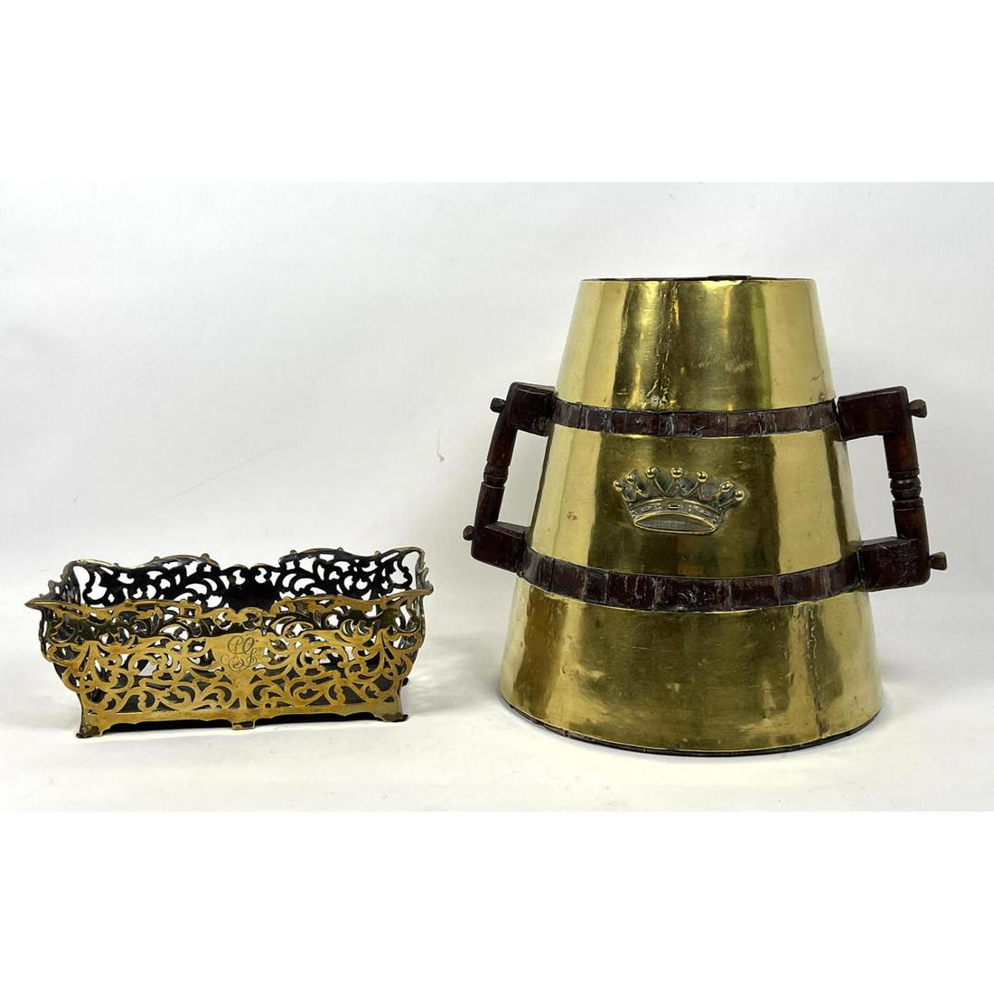 2pc Vintage Brass and woodware Lot. Pierced Brass Dish; (1 of 17)