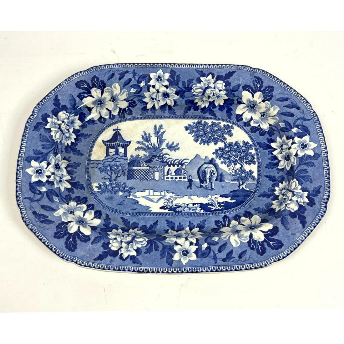 English Blue Transfer ware Platter. Scene with Elephant (1 of 8)