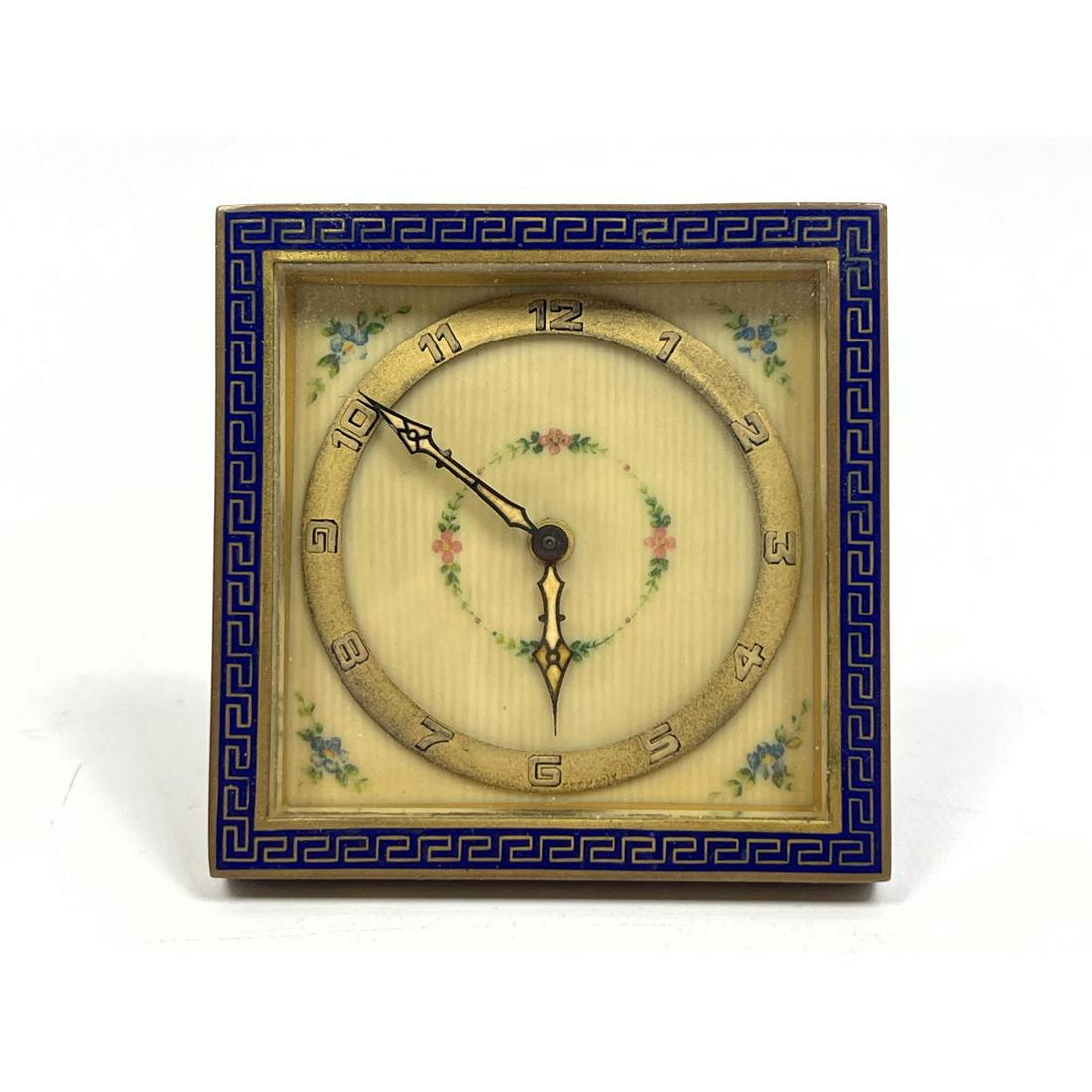 Blue enamel clock Greek Key and floral design Dresser c (1 of 9)