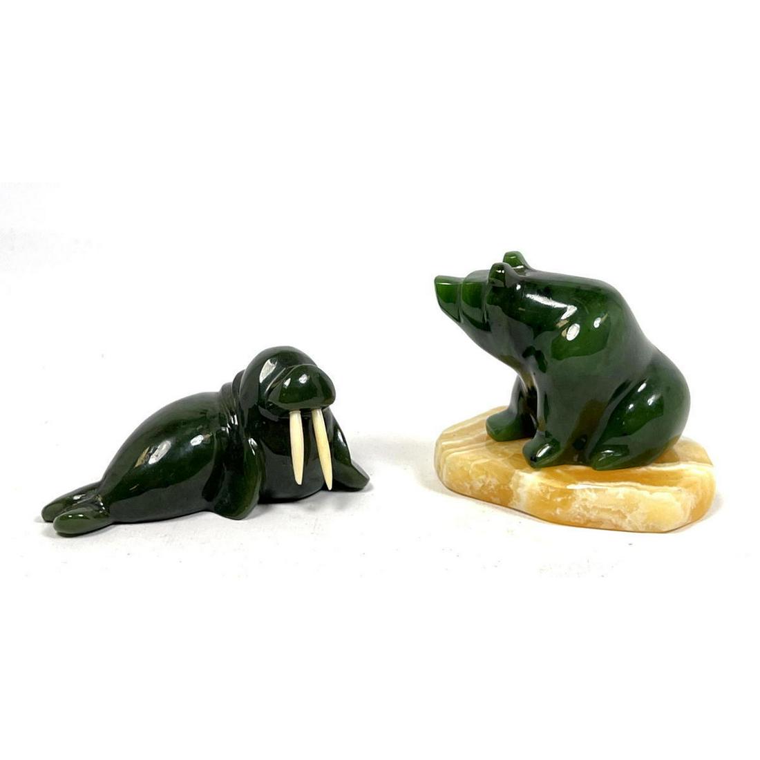 Two Alaskan Wildlife Jade Figures.  Bear and Walrus. (1 of 8)