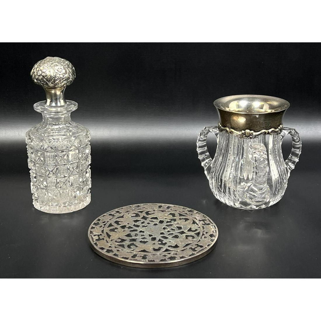 3 pcs cut glass and Sterling Dresser bottle, tri handle (1 of 16)