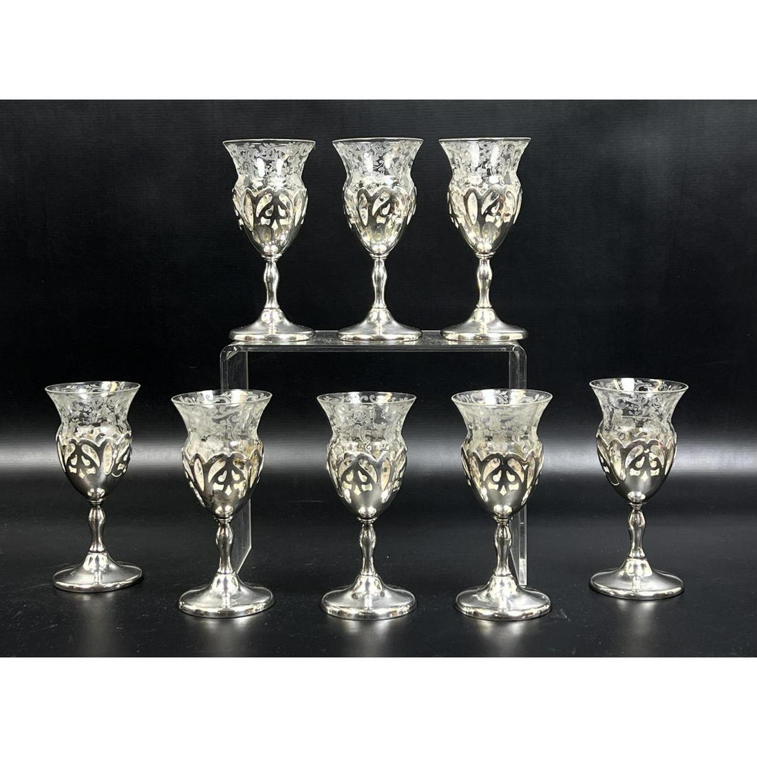 8 pc. 5.5 inch Sterling and etched glass cordials. Reta (1 of 12)