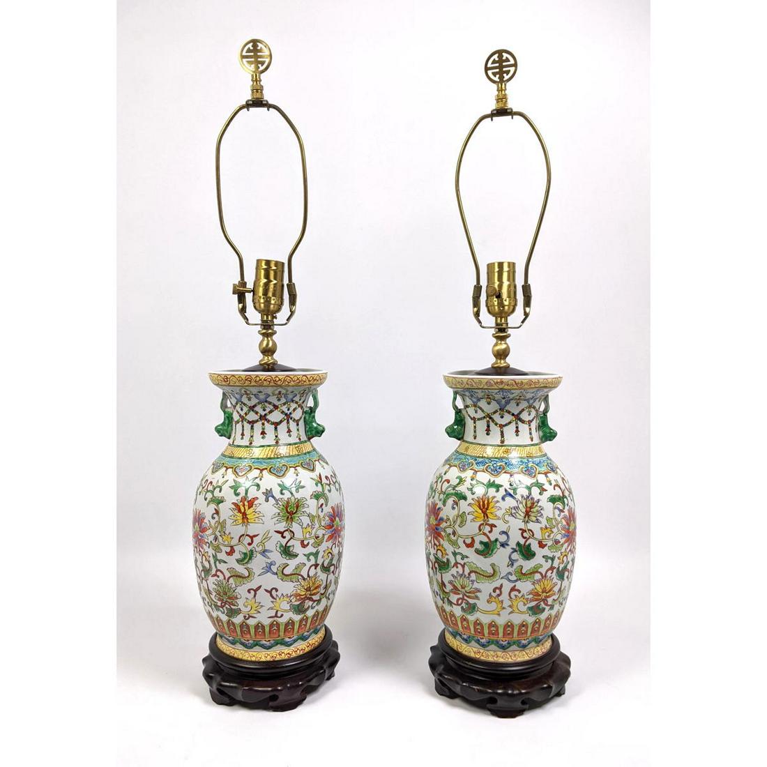 Pr Chinese Paint Porcelain  Ceramic Table Lamps. Flared (1 of 13)
