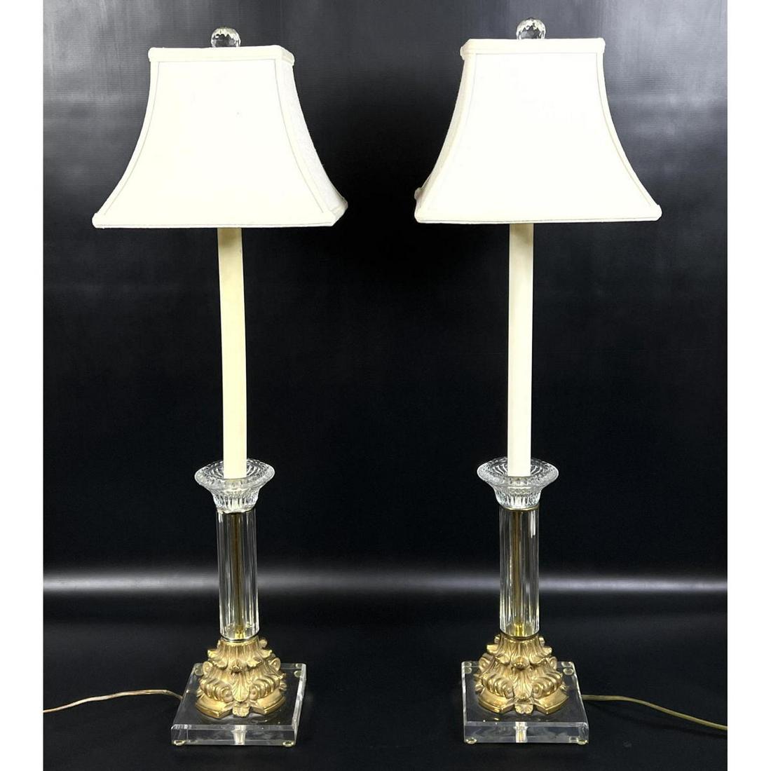 Pr Crystal Column Gilt Metal Base Capital Table Lamps. (1 of 10)