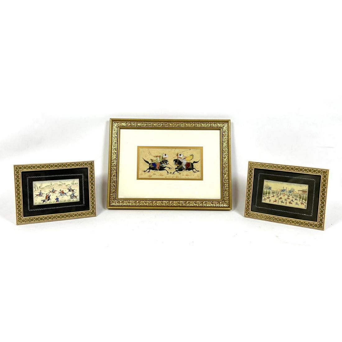 3 pc Indo Persian paintings on bone.: 3 pc Indo Persian paintings on bone. Dimensions: H: 8 inches: W: 4 inches: Frame Height: 11 inches: Frame Width: 15 inches ---