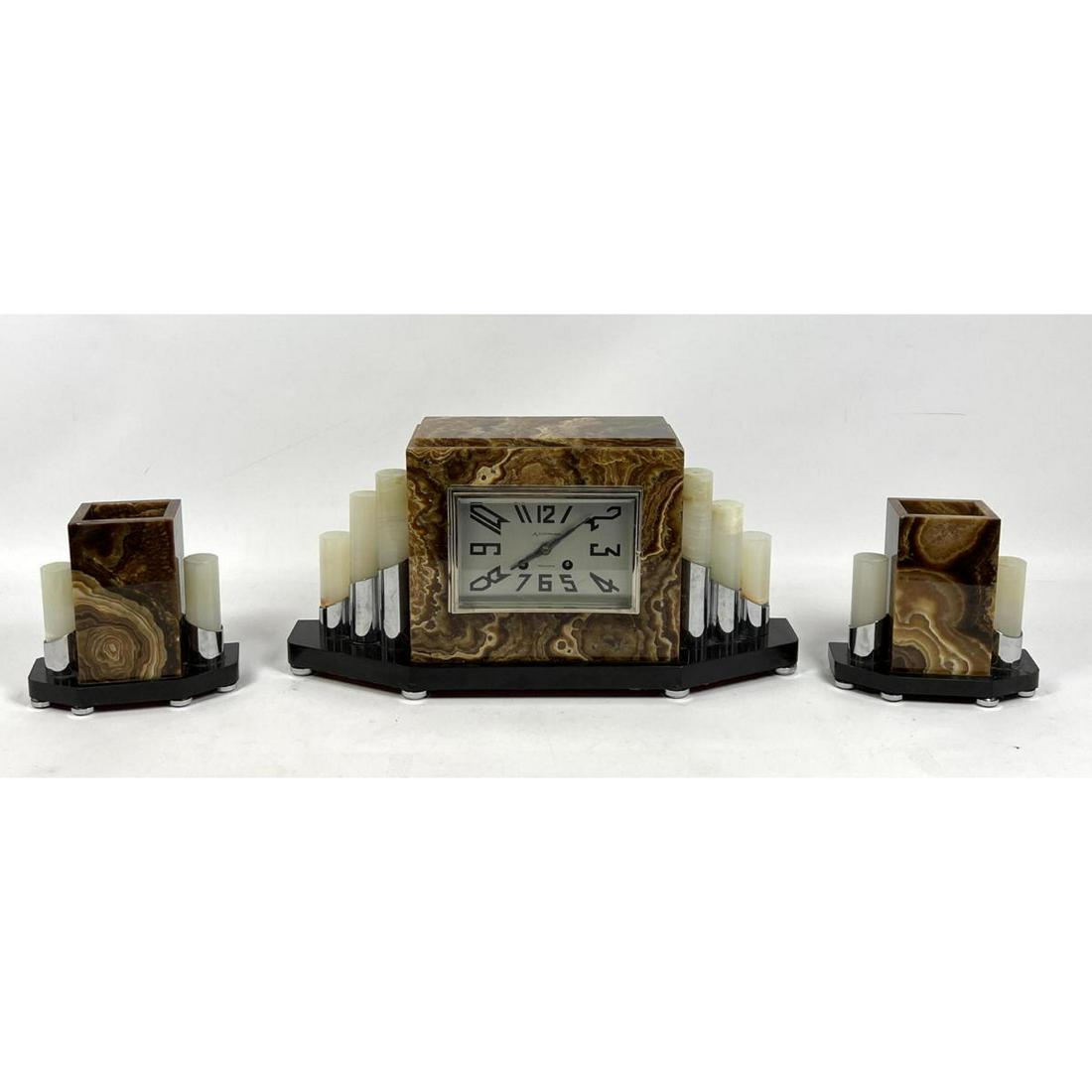 3 pc marble A CHEVALIER, ORLEANS French clock set. Key (1 of 12)