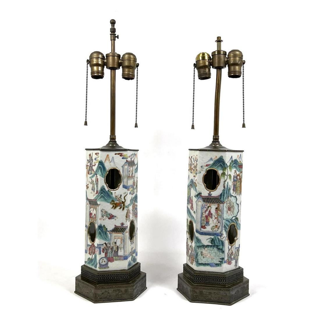 Pair of Famille Rose Lamps. Hexagonal Pottery form with (1 of 11)