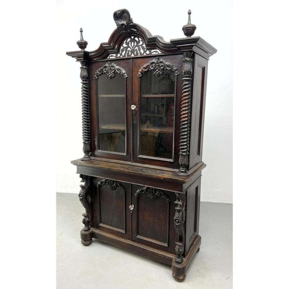 Antique Carved Wood Two Part Breakfront. Richly Carved (1 of 17)