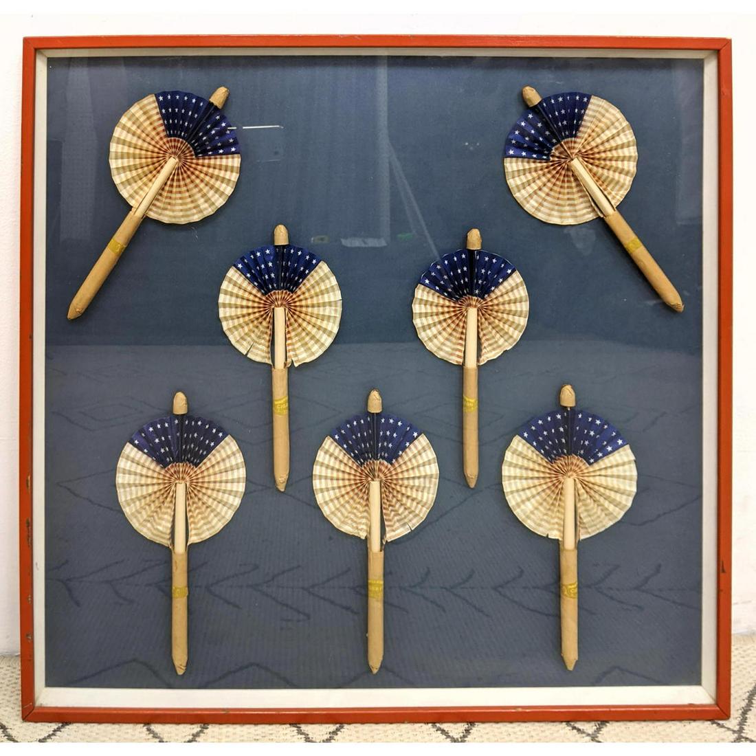 Framed Set of Vintage Patriotic Folding Fans. wood and (1 of 7)