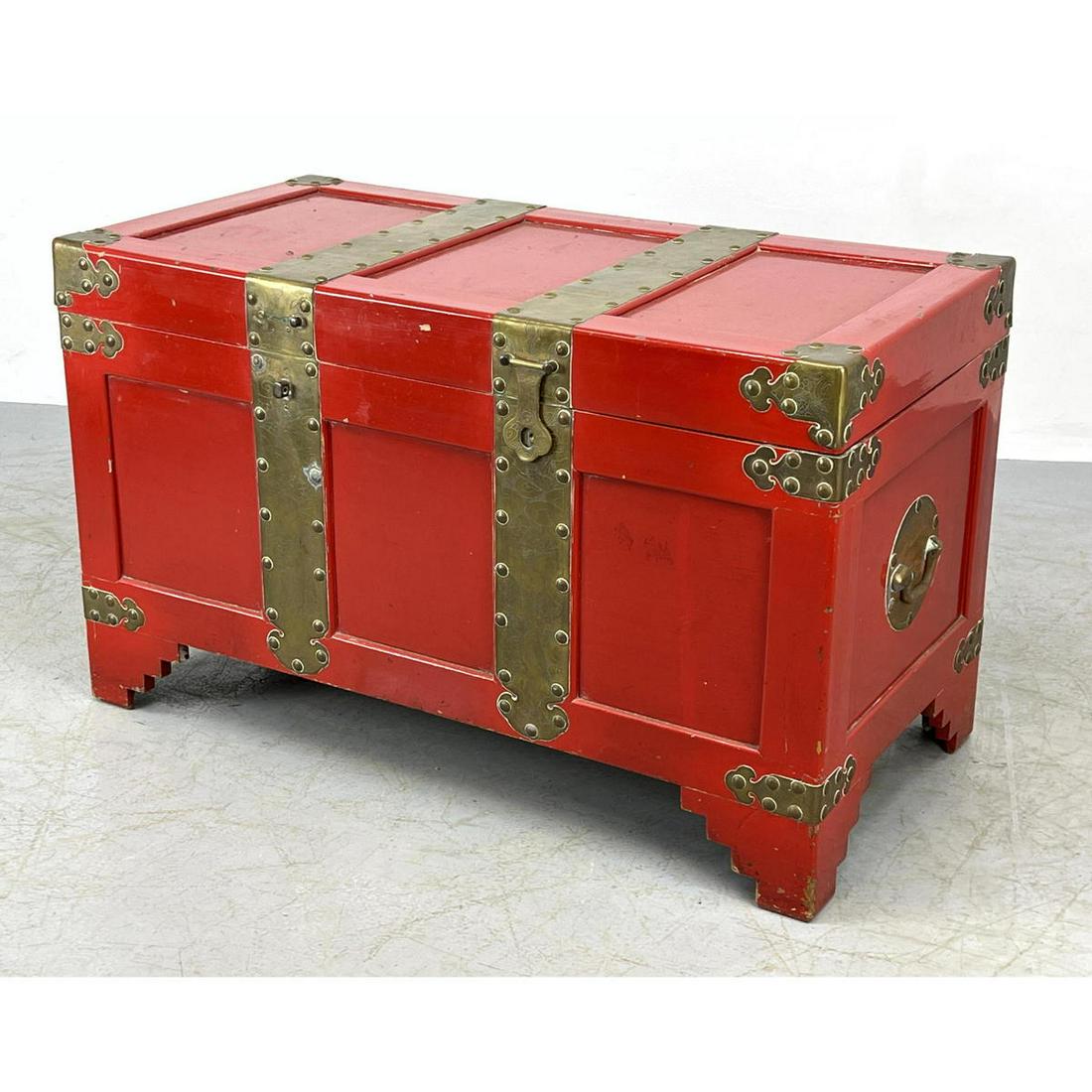 Asian Style Red Painted Trunk Chest With Brass accents. (1 of 18)