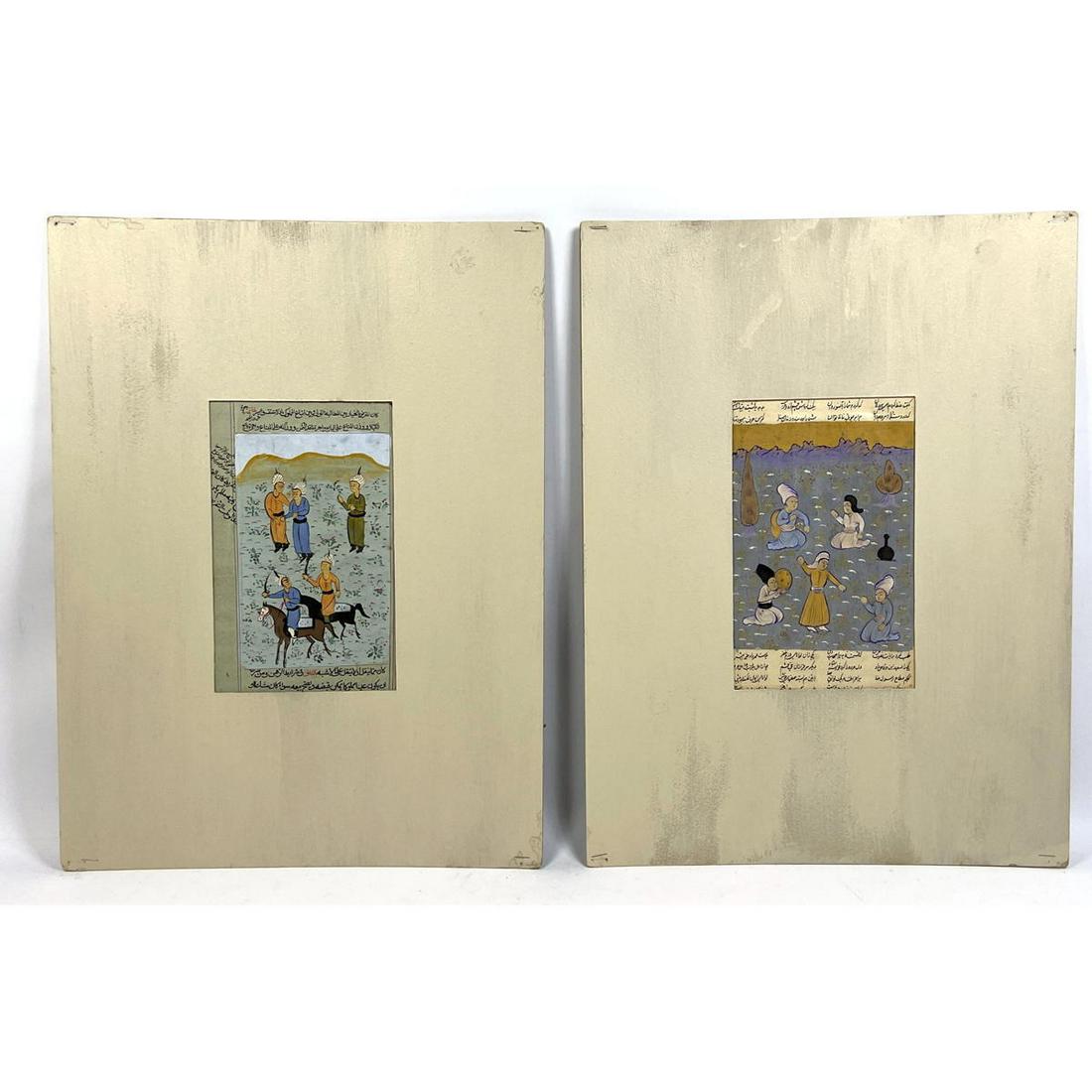 2pc Indo Persian manuscript paintings. Matted. Unframed: 2pc Indo Persian manuscript paintings. Matted. Unframed Dimensions: H: 9 inches: W: 5.5 inches ---
