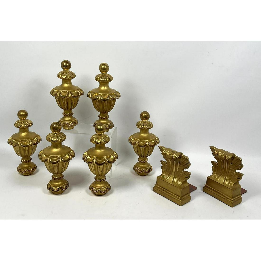Collection Gilt Wood Finials and Bookends. Tall large d: Collection Gilt Wood Finials and Bookends. Tall large decorative finials. BORGHESE Foliate leaf form bookends. Dimensions: H: 9.5 inches: W: 5 inches ---