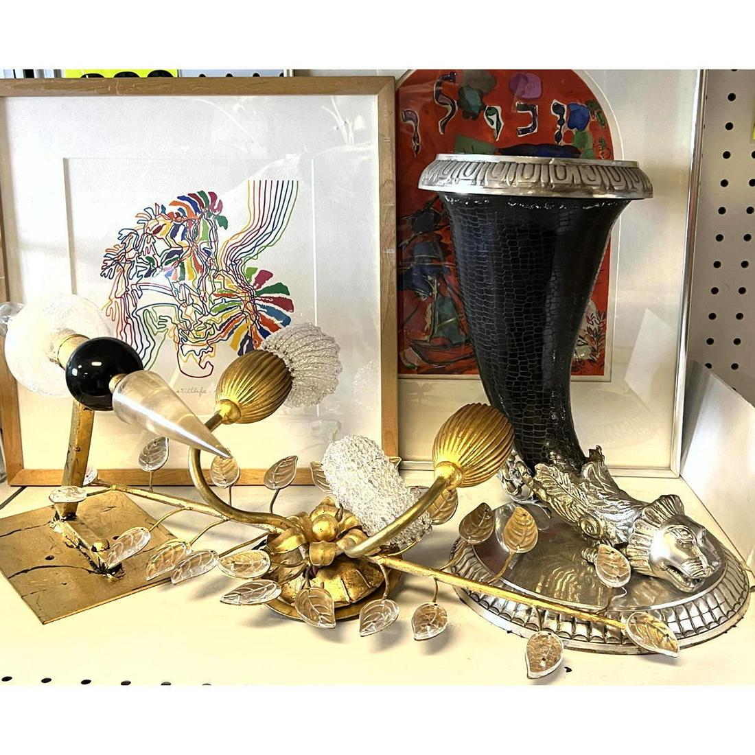 lot. Chagall print, metal cornucopia, lighting.: lot. Chagall print, metal cornucopia, lighting. ---