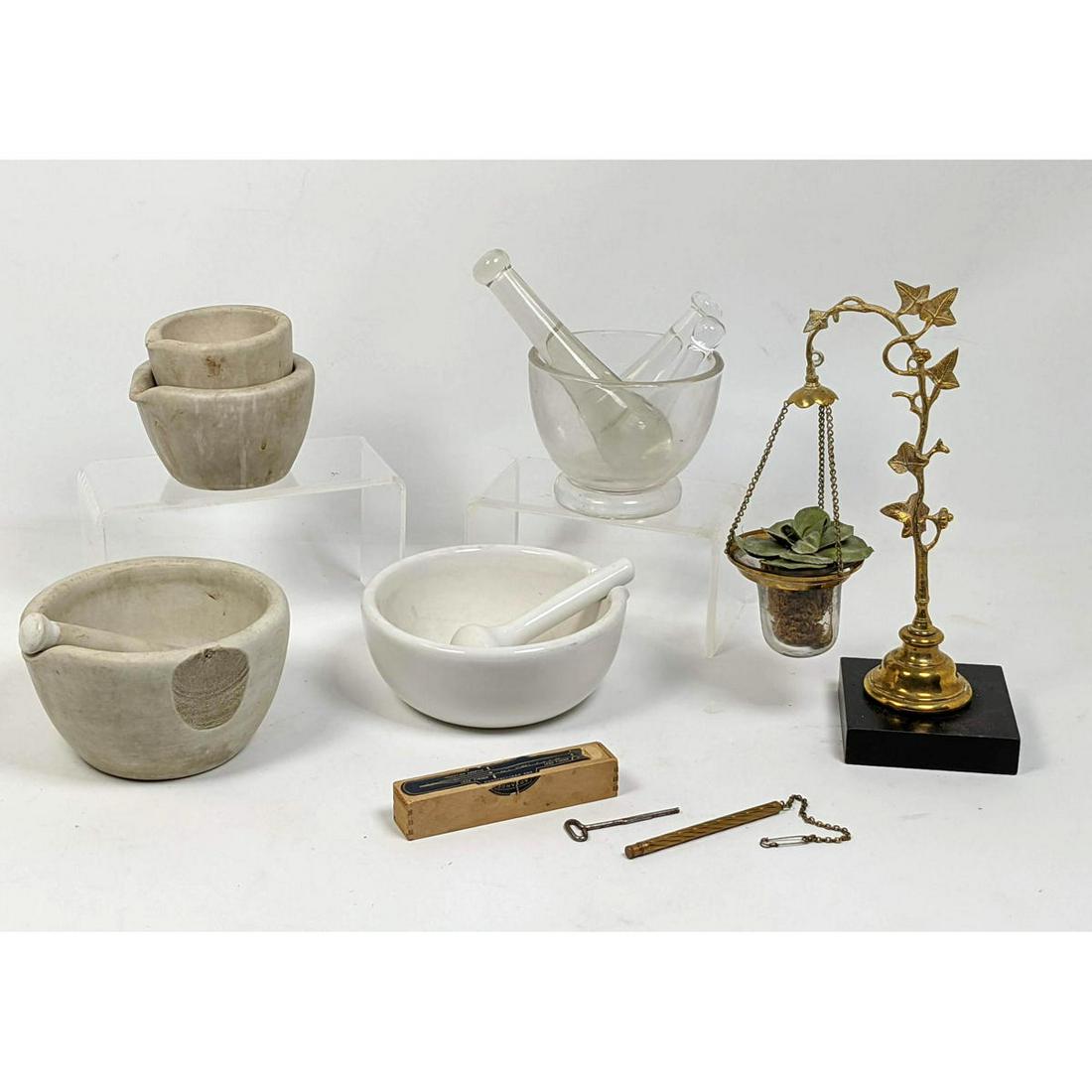 Apothecary Lot. Mortar pestles, Brass hanging bowl, (1 of 18)