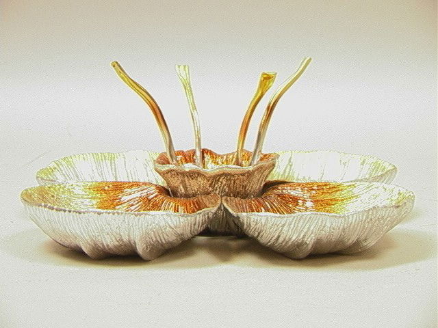 Michael Aram Caviar Dish Set. Enameled. Five di: Michael Aram Caviar Dish Set. Enameled. Five dishes forming a flower and 4 spoons. Signed.-- Dimensions: H: 4.25 inches: W: 9 inches --- Condition (General): Very Good Condition. Please contact us wit