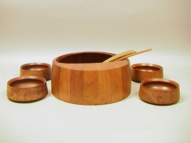 Teak Salad Set. Staved and Dansk individual Teak: Teak Salad Set. Staved and Dansk individual Teak bowls. Denmark.-- Dimensions: --- Condition (General): Some scratches to wood Please contact us with specific questions about condition, not visible in