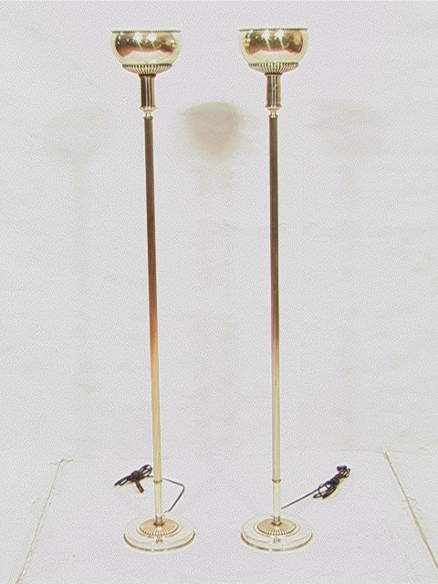 Pr REGENCY Style Torchiere Floor Lamps. Silvered: Pr REGENCY Style Torchiere Floor Lamps. Silvered Metal Floor Lamp with reeded column. 2 PCS.-- Dimensions: H: 61.5 inches: W: 9 inches --- Condition (General): A couple of cracks to base rims. Please 