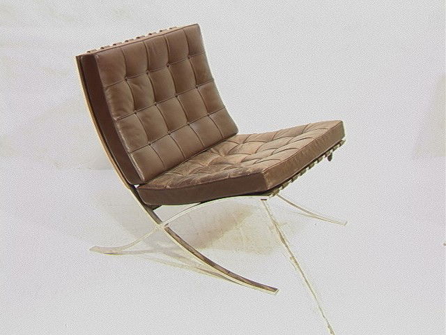 KNOLL BARCELONA Lounge Chair. MIES VAN DER ROHE.: KNOLL BARCELONA Lounge Chair. MIES VAN DER ROHE. Dark Brown Leather Strapping And Cushions. Cushion marked KNOLL.-- Dimensions: H: 28.5 inches: W: 29 inches: D: 31 inches --- Condition (General): Lots