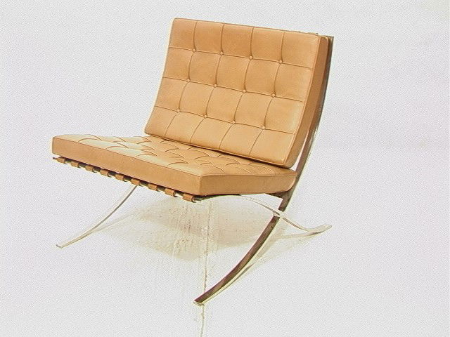 KNOLL BARCELONA Tan Lounge Chair. MIES VAN DER RO: KNOLL BARCELONA Tan Lounge Chair. MIES VAN DER ROHE. Light Brown Leather Strapping And Cushions. Cushion marked KNOLL.-- Dimensions: H: 28.5 inches: W: 29 inches: D: 31 inches --- Condition (General):