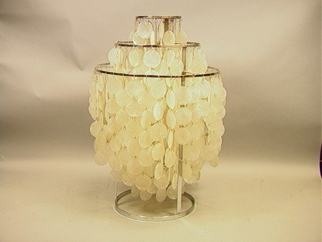 VERNER PANTON Design J. LUBER Capiz Shell Table L: VERNER PANTON Design J. LUBER Capiz Shell Table Lamp. 3 Tiers of rows of capiz shells. Label: J. Luber Basel. Made in Switzerland. -- Dimensions: H: 24.5 inches: W: 16 inches: D: 16 inches --- Conditi