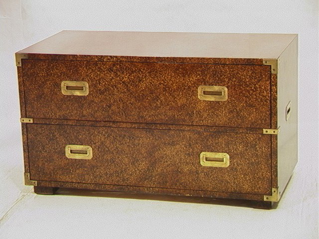 REGENCY Style CAMPAIGN CHEST with Tortoise Lacque: REGENCY Style CAMPAIGN CHEST with Tortoise Lacquer. HENREDON. Brass strapping and handles on 2 Drawer chest. Handles on sides. Marked.-- Dimensions: H: 22 inches: W: 39 inches: D: 19 inches --- Condit