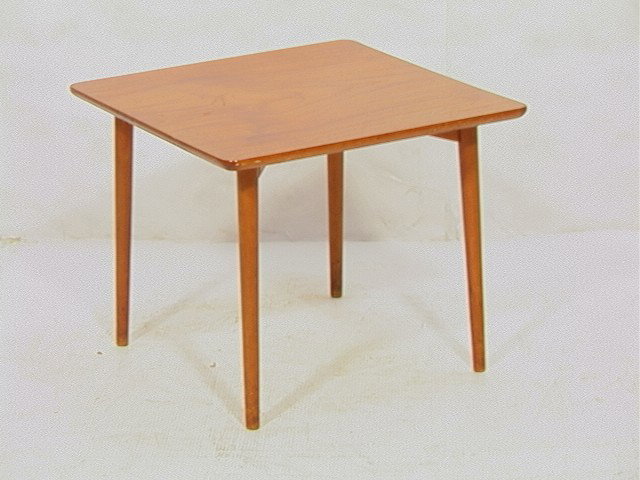 Small Swedish Modern Teak Side Table. Square tabl: Small Swedish Modern Teak Side Table. Square table with tapered peg legs. Marked Sweden.-- Dimensions: H: 15.75 inches: W: 19.75 inches --- Condition (General): Very Good Condition. Couple small spots