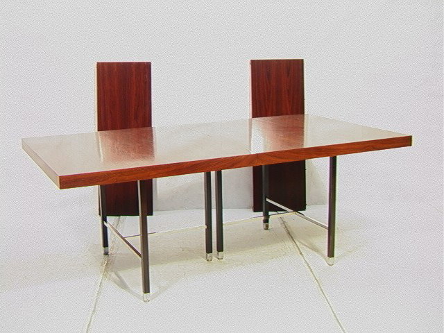 HARVEY PROBBER ROSEWOOD Dining Table. Large Rosew: HARVEY PROBBER ROSEWOOD Dining Table. Large Rosewood rectangular top on steel and wood base. Ebonized Wood Base with square chromed steel stretcher. Two (2) 16" leaves. -- Dimensions: H: 29.5 inches: 
