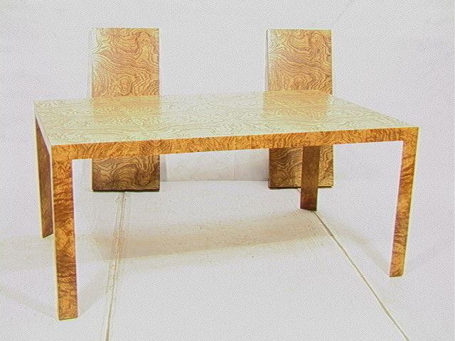 DUNBAR Burled Wood Dining table. Nice matched ven: DUNBAR Burled Wood Dining table. Nice matched veneer Burled Wood top with triangular legs. Two (2) 18" leaves. Metal D tag.-- Dimensions: H: 29.25 inches: D: 42 inches: L: 66 inches --- Condition (Gen