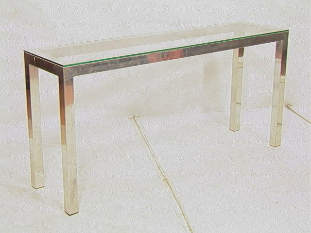 Console Hall Table Mirrored Chrome Square Frame.: Console Hall Table Mirrored Chrome Square Frame. Glass Top. -- Dimensions: H: 28.5 inches: D: 16 inches: L: 60 inches --- Condition (General): Some scuffs, rubs to metal. Glass in Very Good Condition.