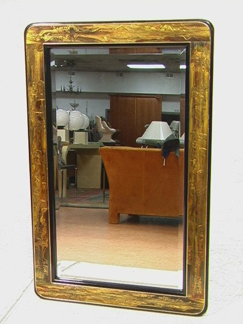 Bernhard Rohne Mastercraft Wall Mirror. Acid desi: Bernhard Rohne Mastercraft Wall Mirror. Acid design frame mounted on black lacquer.-- Dimensions: H: 50.5 inches: W: 32.25 inches --- Condition (General): A few rubs to edges. Please contact us with s