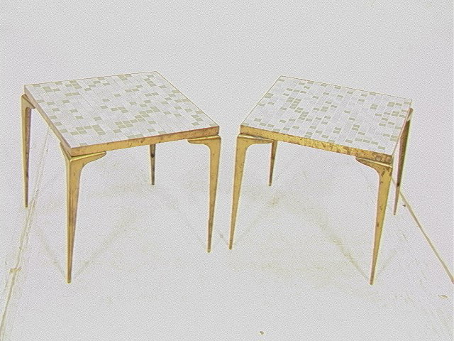 Pr Brass Leg Frame Tile Top Side Tables. Small bl: Pr Brass Leg Frame Tile Top Side Tables. Small blue, green and white 1" tiles. Brass Legs and Frame. 2 PCS. -- Dimensions: H: 15 inches: W: 16 inches: D: 16 inches --- Condition (General): Spots to br