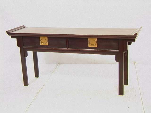 CENTURY Two Drawer JAMES MONT style Asian Console: CENTURY Two Drawer JAMES MONT style Asian Console Hall Table. Black Ebonized Finish. -- Dimensions: H: 28 inches: D: 16 inches: L: 62.5 inches --- Condition (General): Surface scratches and some dings