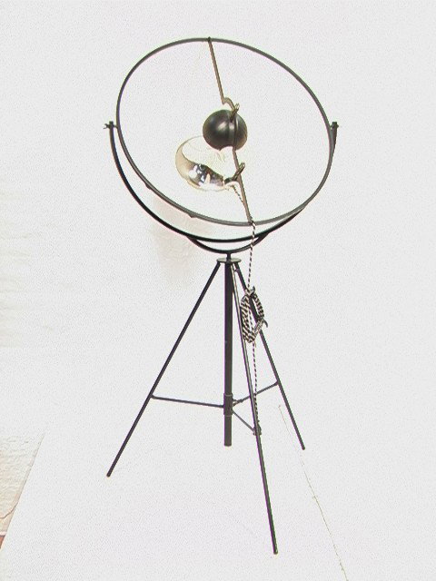 FORTUNY Umbrella Floor Lamp with Pivoting Tan Sha: FORTUNY Umbrella Floor Lamp with Pivoting Tan Shade. Interior with Polished Chrome Socket. Adjustable Height Tripod Base. Black Enamel. Unmarked.-- Dimensions: H: 78 inches: W: 36 inches --- Please co