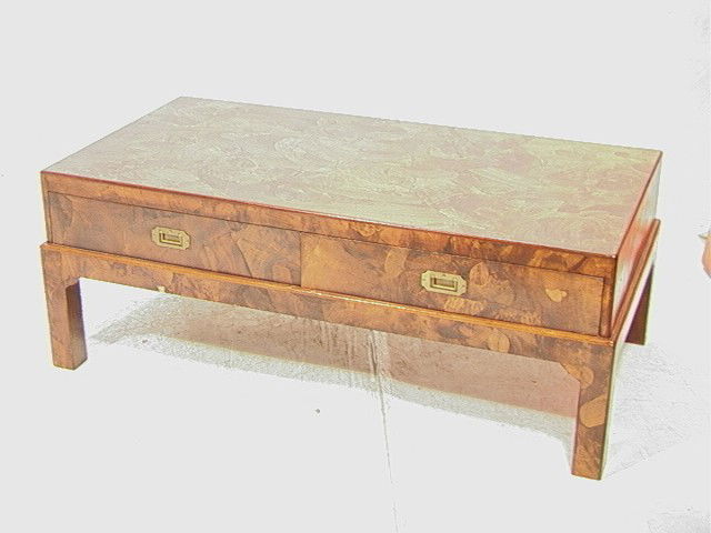OLIVE WOOD Coffee Cocktail Table CARL SPRINGER st: OLIVE WOOD Coffee Cocktail Table CARL SPRINGER style. Campaign style brass Handles. Unmarked.-- Dimensions: H: 106 inches: W: 49 inches: D: 26 inches --- Please contact us with specific questions abou
