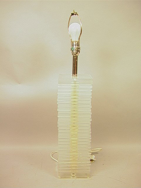 70s Modern Lucite Acrylic Table Lamp. Stacked Lu: 70s Modern Lucite Acrylic Table Lamp. Stacked Lucite Sheets. -- Dimensions: H: 32 inches --- Condition (General): Very Good Condition. Please contact us with specific questions about condition, not vi