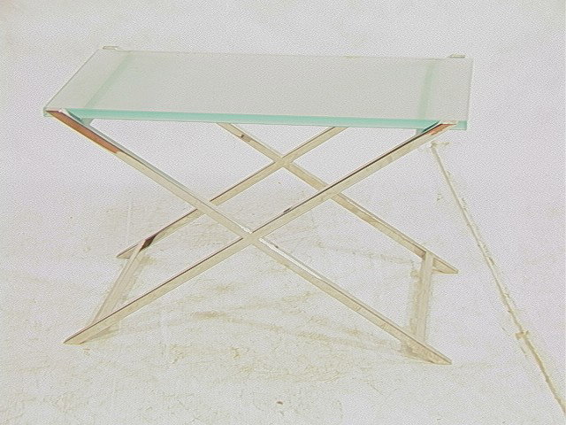 Regency style Side Table. Frosted Glass on Chrom: Regency style Side Table. Frosted Glass on Chrome X Base.-- Dimensions: H: 18 inches: W: 30 inches: D: 16.5 inches --- Condition (General): Chip to corner of glass. Please contact us with specific que