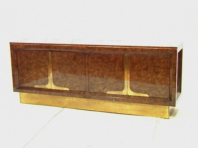 MASTERCRAFT Burled Wood Credenza Sideboard Buffet: MASTERCRAFT Burled Wood Credenza Sideboard Buffet. Brass Detailing. Four Doors. One side has drawers; one side has shelves. Marked w/metal tag. -- Dimensions: H: 32 inches: W: 84 inches: D: 18 inches