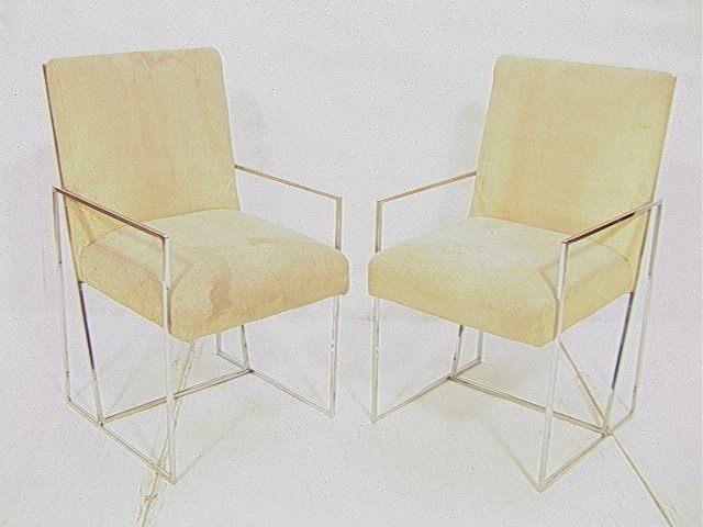 Pr MILO BAUGHMAN Arm Chairs. Square Tube Frames.: Pr MILO BAUGHMAN Arm Chairs. Square Tube Frames. Unmarked. 2 Pcs-- Dimensions: H: 36 inches: W: 21 inches: D: 21 inches --- Condition (General): Chrome clean. Lots of stains to upholstery. Please cont