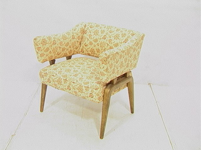 JAMES MONT Lounge Chair. Arched Legs. Gold flecke: JAMES MONT Lounge Chair. Arched Legs. Gold flecked paint. Unmarked. -- Dimensions: H: 28 inches: W: 30 inches: D: 25 inches --- Condition (General): Tears to upholstery. Wear to top. Please contact us
