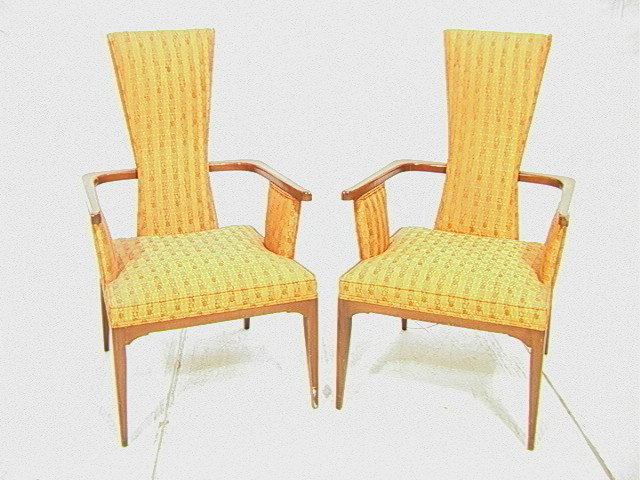 Pr DUNBAR style Armchairs. Walnut frames with up: Pr DUNBAR style Armchairs. Walnut frames with upholstered seat, back and arm. 2 PCS-- Dimensions: H: 40 inches: W: 24.5 inches: D: 23 inches --- Condition (General): Corner of two arms have loss to wo
