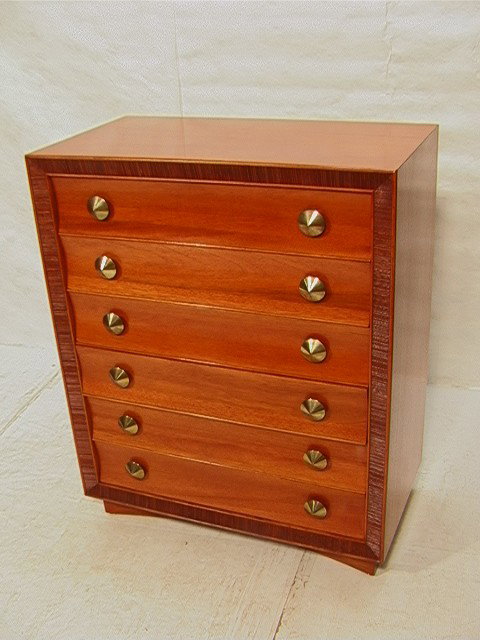 Super PAUL FRANKL Tall Chest Drawers. Six Drawers: Super PAUL FRANKL Tall Chest Drawers. Six Drawers with Stylish Cone Brass Hardware. -- Dimensions: H: 44.5 inches: W: 35 inches: D: 19 inches --- Condition (General): Clean. Redone. Please contact us 