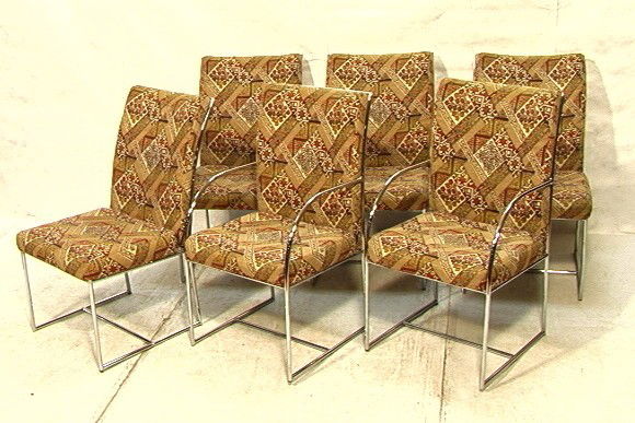 Set 6 Milo Baughman Thayer Coggin Dining Chairs.: Set 6 Milo Baughman Thayer Coggin Dining Chairs. Chrome tubular frames. Two arm and four side.-- Dimensions: H: 37.5 inches: W: 20.5 inches: D: 20 inches --- Condition (General): Chrome very clean som