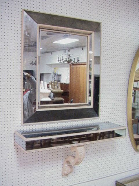 Decorator Wall Table and Mirror. Antiqued mirror: Decorator Wall Table and Mirror. Antiqued mirrored frame. Wall Hall Table is: 18"H x 36"L x 10"D.-- Dimensions: H: 35 inches: W: 30 inches --- Please contact us with specific questions about condition