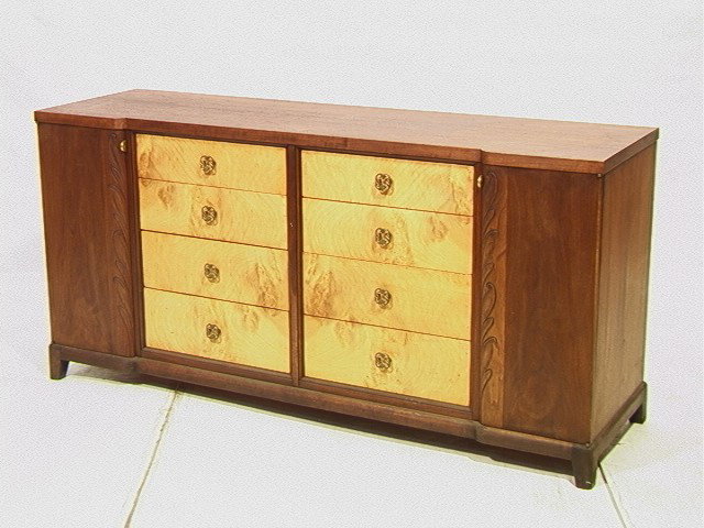 Art Deco Credenza Sideboard. Dark Wood Doors sur: Art Deco Credenza Sideboard. Dark Wood Doors surround Eight Burl Maple Drawers. Carved trim to doors. -- Dimensions: H: 32 inches: W: 68.5 inches: D: 20 inches --- Condition (General): Skinned finish.