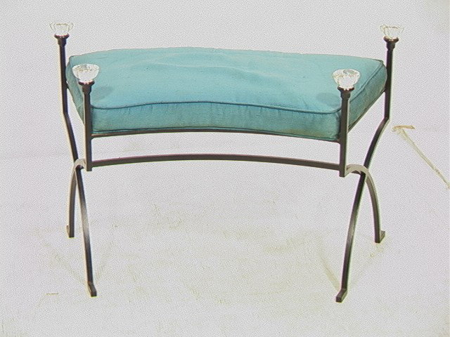 Iron Arch Seat Bench. Iron Frame with Glass Door: Iron Arch Seat Bench. Iron Frame with Glass Doorknob Finials. Loose Teal green Cushion. -- Dimensions: H: 20 inches: W: 31 inches: D: 16 inches --- Condition (General): Very Good Condition. Please con