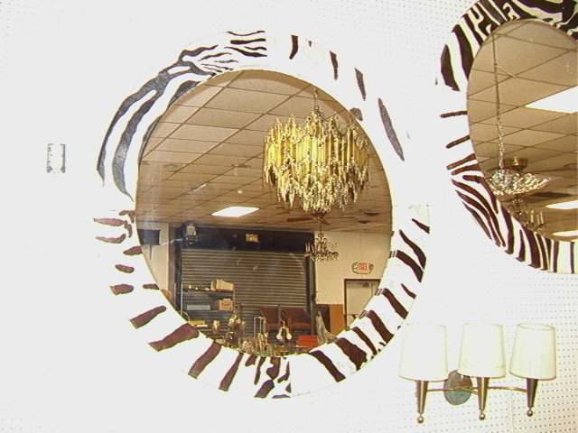 Large ZEBRA Skin CARL SPRINGER style Wall Mirror.: Large ZEBRA Skin CARL SPRINGER style Wall Mirror. Large Round Mirror with Wide Zebra Skin Frame.-- Dimensions: H: 48 inches --- Condition (General): Very Good Condition. Minor rubs to edges. Please co