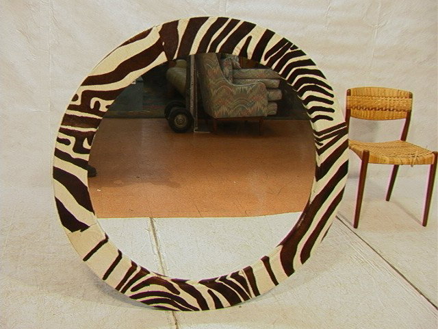 Large ZEBRA Skin CARL SPRINGER style Wall Mirror.: Large ZEBRA Skin CARL SPRINGER style Wall Mirror. Large Round Mirror with Wide Zebra Skin Frame.-- Dimensions: H: 48 inches --- Condition (General): Very Good Condition. Minor rubs to edges. Please co